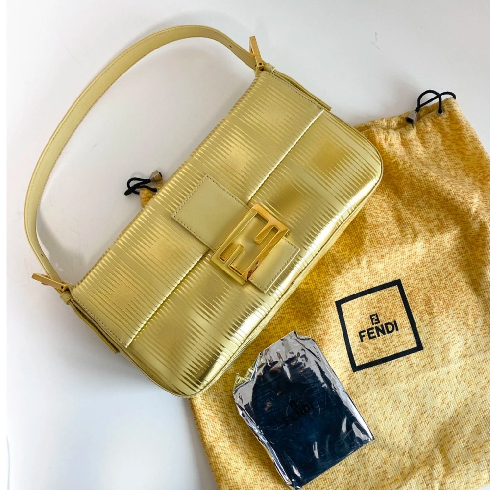 Auth RARE Fendi Metallic Gold Baguette LIMITED EDITION vintage Shoulder Bag